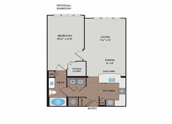 A floor plan of a home with a bedroom, living room, dining room, kitchen, and bathroom.