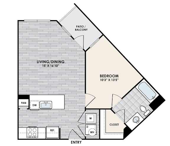 A floor plan of a home with a living/dining area, a bedroom, and a closet.