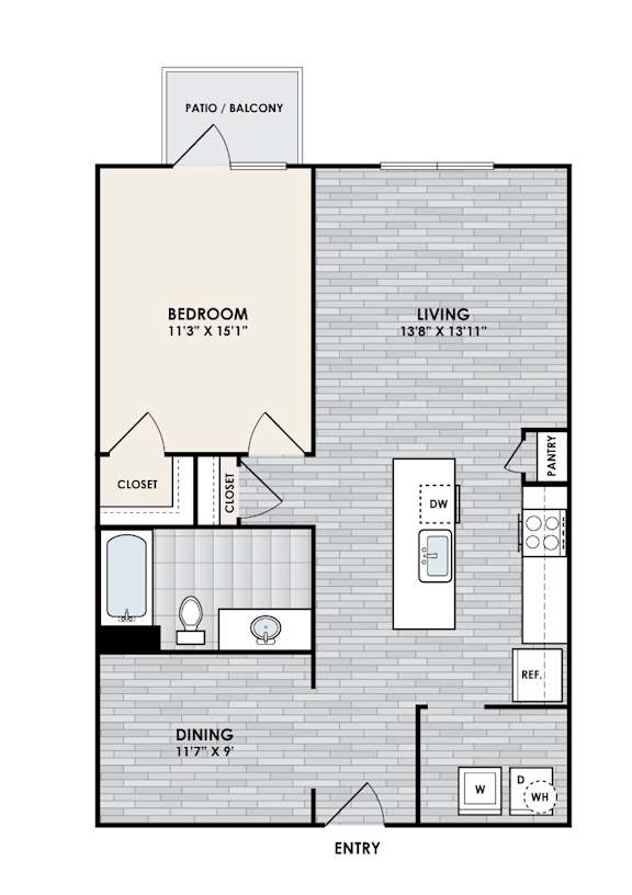 A floor plan of an apartment with a bedroom, living room, and dining room.
