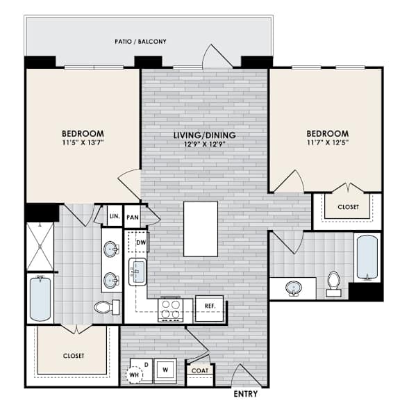 A floor plan of a home with two bedrooms, a living/dining area, a patio/balcony, a fan, a refrigerator, a clothes washer and dryer, and a coat closet.