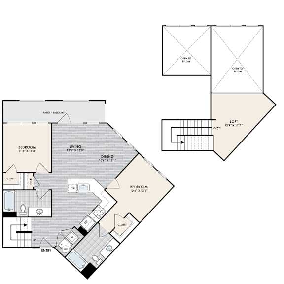 A floor plan of a house with a living room, dining room, bedrooms and a loft.