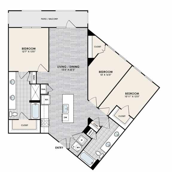 A floor plan of an apartment with three bedrooms and a living/dining area.