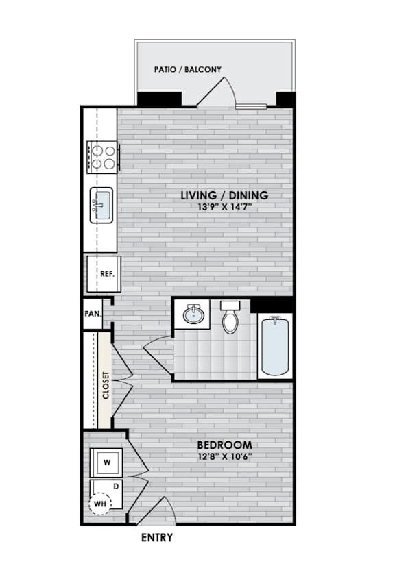 A floor plan of a small apartment with a living room, dining room, bedroom, and bathroom.
