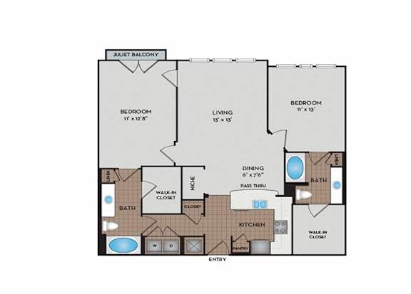 A floor plan of a balcony apartment with two bedrooms, a living room, a dining room, a kitchen, a bathroom, and a walk-in closet.