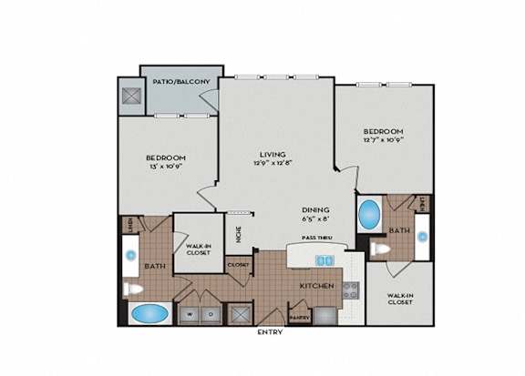A floor plan of a house with two bedrooms, a living room, a dining room, a kitchen, a bathroom, a walk-in closet, and a patio/balcony.