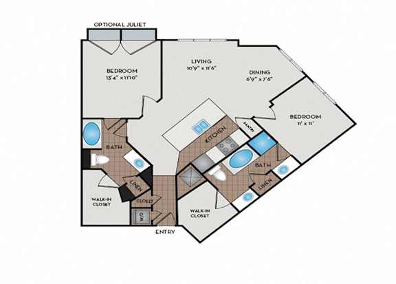 A floor plan of a house with a living room, dining room, two bedrooms, two bathrooms, and an optional jacuzzi.