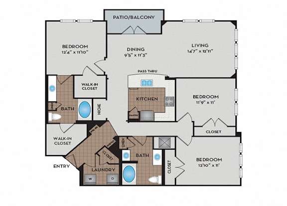 A floor plan of an apartment with a living room, two bedrooms, a dining room, a kitchen, a laundry room, and a patio.