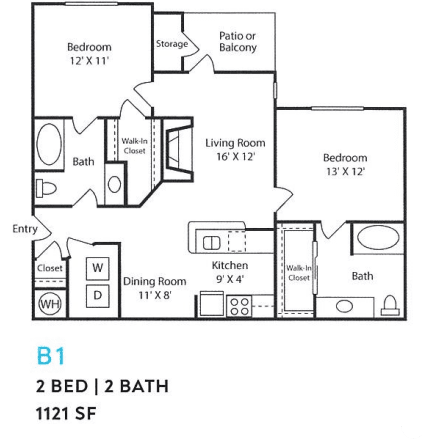 Floor Plan  A floor plan of a 2 bedroom, 2 bathroom apartment.