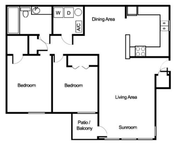 A floor plan of a house with two bedrooms, a living area, a dining area, a kitchen, a patio/balcony, and a sunroom.