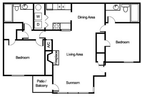A floor plan of a house with a living area, dining area, kitchen, and two bedrooms.