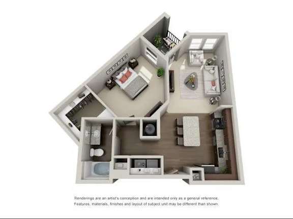 A 3D rendered image of a house layout with a kitchen, living room, and two bedrooms.