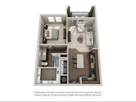 A 3D rendered image of a small apartment layout.
