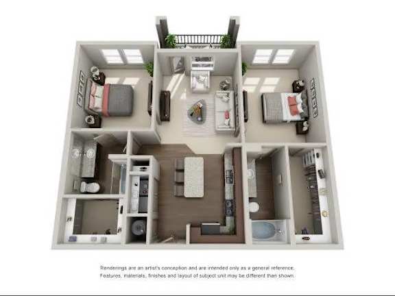 A 3D floor plan of a small apartment with a kitchen, living room, and two bedrooms.