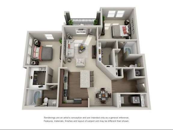 A 3D floor plan of a house with a kitchen, living room, and bedrooms.