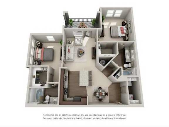 A 3D floor plan of a house with a kitchen, living room, and two bedrooms.