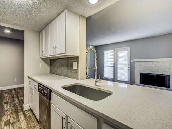 A kitchen with a sink and a dishwasher.
