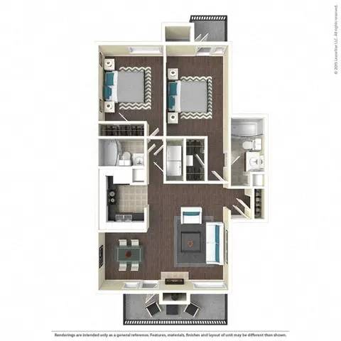 Floor Plan  A floor plan of an apartment with a kitchen, living room, and two bedrooms.