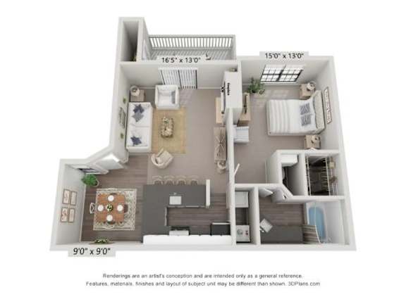 A 3D floor plan of a small apartment with a kitchen, living room, and bedroom.