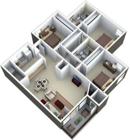 A 3D image of a house layout with multiple rooms.