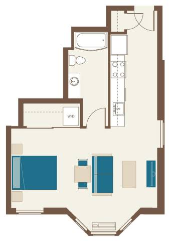 A floor plan of a house with a kitchen, living room, and bedrooms.