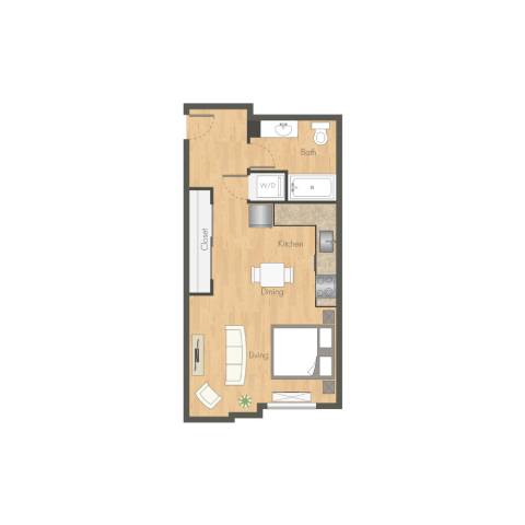A floor plan of a house with a living room, dining room, kitchen, and bathroom.