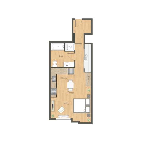 A floor plan of a house with a kitchen, living room, and bathroom.