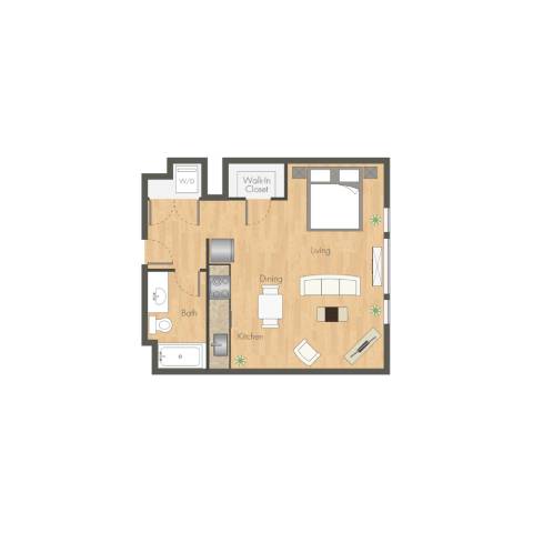 A floor plan of a house with a living room, dining room, kitchen, and two bedrooms.
