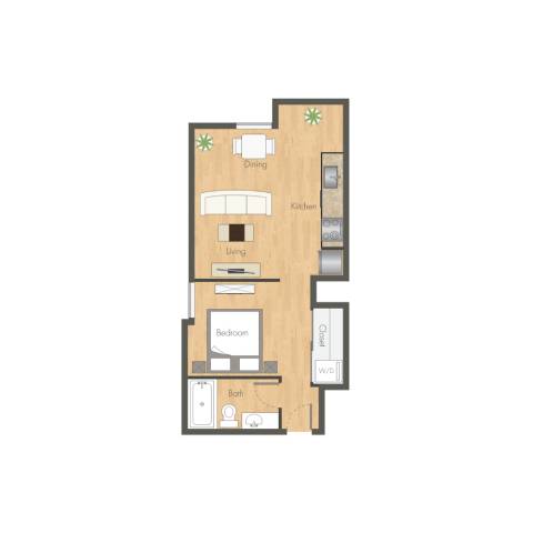 A floor plan of a house with a dining room, living room, kitchen, and bathroom.