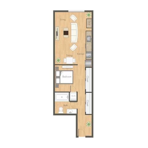 A floor plan of a house with a living room, dining room, kitchen, two bedrooms, a bathroom, and a garage.