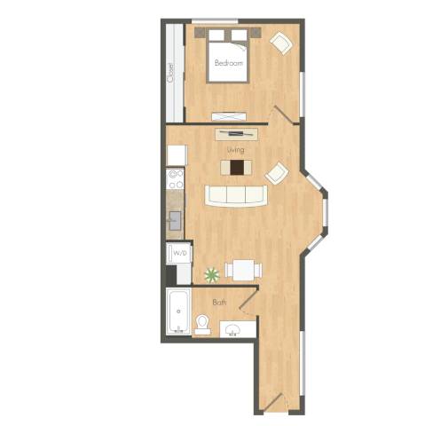A floor plan of a room with a bedroom, living room, and bathroom.