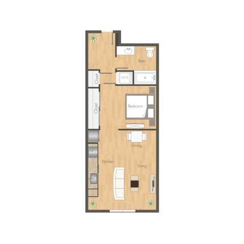 A floor plan of a house with a kitchen, dining room, and bedrooms.