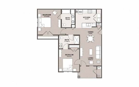 A floor plan of a house with a living room, dining room, kitchen, and three bedrooms.