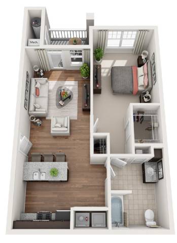 A top-down view of a small apartment with a kitchen, living room, and bathroom.