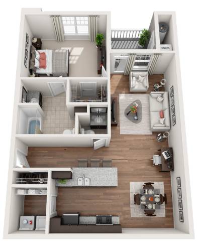 A top-down view of a two-story apartment with a living room, kitchen, and bedrooms.