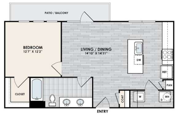 Floor Plan  A floor plan of a home with a bedroom, living/dining area, and a closet.