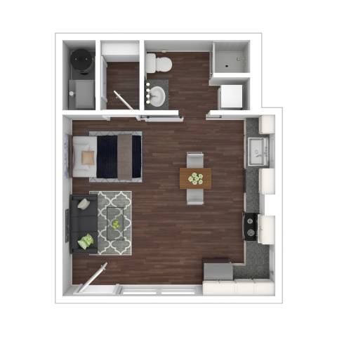 A floor plan of a small apartment with a kitchen, living room, and bathroom.