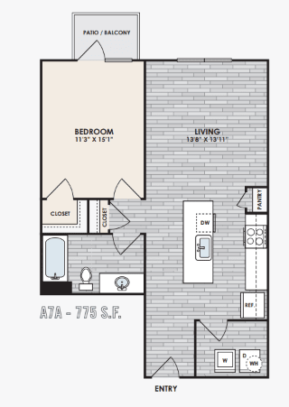A floor plan of an apartment with a bedroom, living room, and closet.