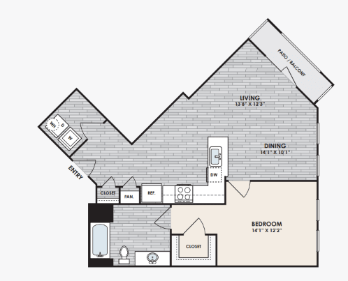 A floor plan of a house with a living room, dining room, and two bedrooms.