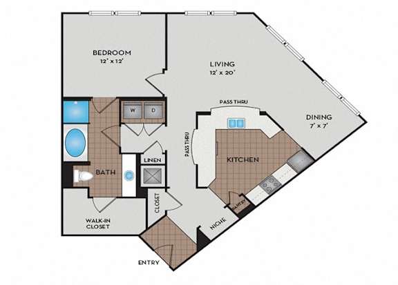 A floor plan of a small apartment with a bedroom, living room, kitchen, and bathroom.
