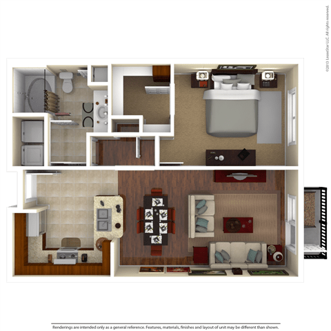 A 3D rendered image of a house layout.