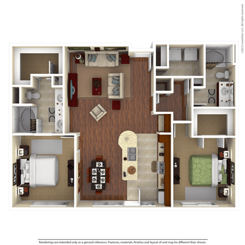 A detailed 3D floor plan of a house layout.