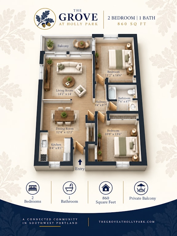 A floor plan for a 2 bedroom, 1 bath apartment at The Grove at Holly Park.