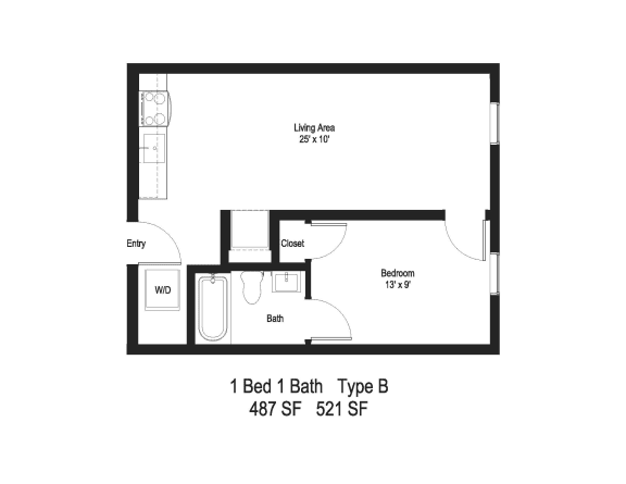 1-Bed - Type B Floor Plan at Moraine, Tacoma Washington