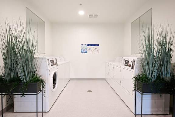 A laundromat with a washer and dryer in each cubicle.
