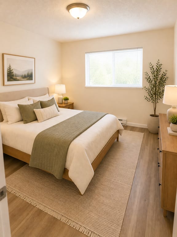 Bedroom with neutral tones and wood flooring at Laurel on 2nd Apartments, Newberg, OR