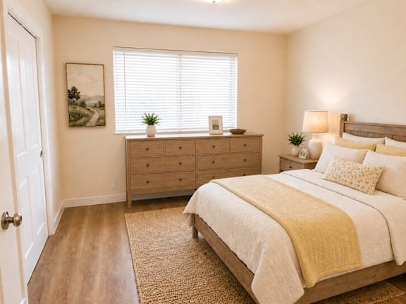Bedroom with dresser and white window blinds at Laurel on 2nd Apartments, Newberg, 97132