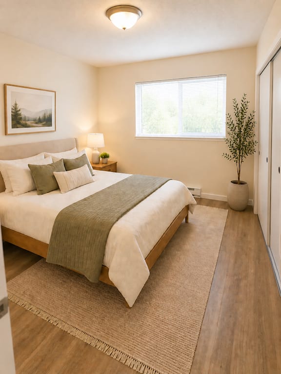 Cozy bedroom with upholstered headboard and area rug at Laurel on 2nd Apartments, Newberg