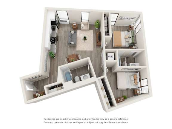 Two Bedroom 2 Bathroom Floor Plan at Brookland Apartments, Portland, Oregon