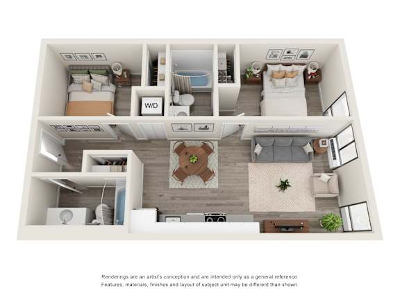 Two Bed 2 Bath Floor Plan at Brookland Apartments, Portland