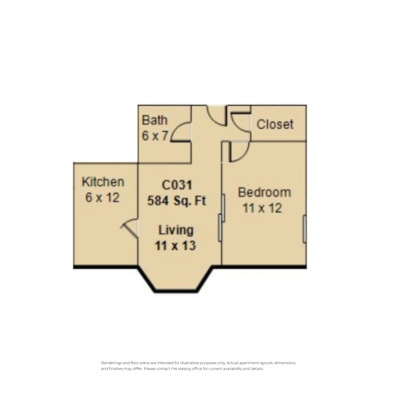 A floor plan of a living space showing a kitchen, living room, bedroom and bathroom at Clay &amp; Tiffany, Portland, 97201